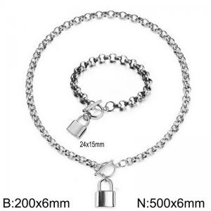 French stainless steel lock shaped women's bracelet necklace set - KS219941-Z