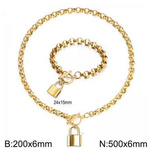 French stainless steel lock shaped women's bracelet necklace set - KS219942-Z