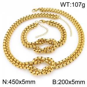 Rope Knot Square Pearl Chain Jewelry Sets Stainless Steel Gold Color Neckalce & Bracelet - KS226978-Z