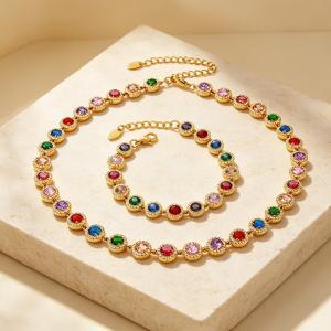 Stainless Steel Halo CZ Tennis Necklace Bracelet Matching Set Adjustable Full Diamond Jewelry - KS232453-CAJY