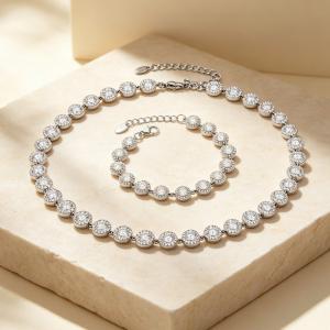 Stainless Steel Halo CZ Tennis Necklace Bracelet Matching Set Adjustable Full Diamond Jewelry - KS232454-CAJY