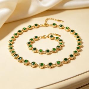 Stainless Steel Halo CZ Tennis Necklace Bracelet Matching Set Adjustable Full Diamond Jewelry - KS232456-CAJY