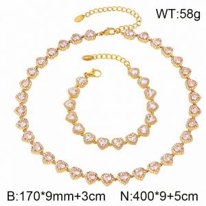 Dainty Clear Rhinestone Heart Tennis Jewelry Set,Stainless Steel Necklace & Bracelet Matching Set for Her - KS232490-CAJY