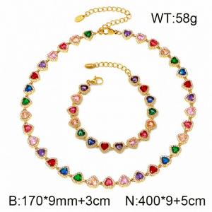 Dainty Clear Rhinestone Heart Tennis Jewelry Set,Stainless Steel Necklace & Bracelet Matching Set for Her - KS232491-CAJY