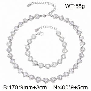 Dainty Clear Rhinestone Heart Tennis Jewelry Set,Stainless Steel Necklace & Bracelet Matching Set for Her - KS232492-CAJY