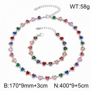 Dainty Clear Rhinestone Heart Tennis Jewelry Set,Stainless Steel Necklace & Bracelet Matching Set for Her - KS232493-CAJY