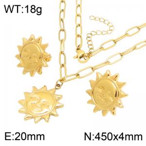 Stainless Steel Smiling Sun Face Jewelry Set for Women, 3D Embossed Sun God Stud Earrings & Paperclip Link Pendant Necklace, Waterproof Celestial Layering Jewelry Gift Set - KS232540-GC