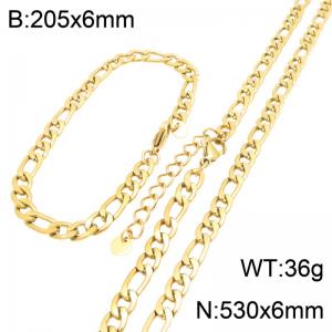 Gold Plated Stainless Steel Figaro Chain Jewelry Set, 6mm Figaro Link Necklace and Bracelet Set with Adjustable Extension Chain, Waterproof Non Tarnish Fashion Jewelry Gift for Men Women - KS232747-GC