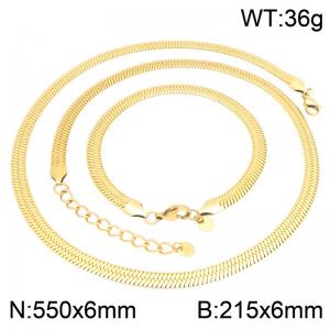 Gold Plated Stainless Steel Herringbone Chain Jewelry Set, 6mm Flat Snake Bone Necklace and Bracelet Set with Adjustable Extension Chain, Waterproof Non Tarnish Minimalist Fashion Jewelry Gift for Men Women - KS232753-GC