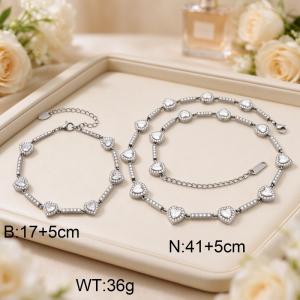 Silver Heart Mother of Pearl CZ Jewelry Set, Stainless Steel Necklace & Bracelet for Women, Waterproof No Fade Love Heart Chain - KS233045-CAJY