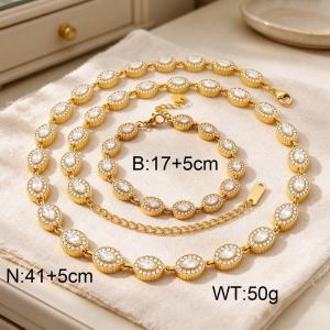 Wholesale 18K PVD Gold Plated Stainless Steel Oval Cubic Zircon Jewelry Set, Adjustable Necklace Bracelet Set For Women Evening Party Jewelry - KS233047-CAJY
