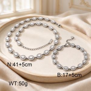 Wholesale Silver Stainless Steel Oval Cubic Zircon Jewelry Set, Adjustable Necklace Bracelet Set For Women Evening Party Jewelry - KS233048-CAJY