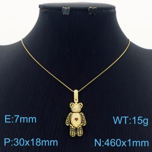 Fashionable and versatile stainless steel snake bone chain hanging creative diamond studded teddy bear earrings&necklace gold 2-piece set - KS282735-BI